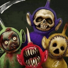 a group of creepy teletubbies with skulls on their faces are standing next to each other .