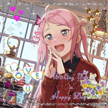 a picture of a girl with pink hair and the words " wishing you happy day "