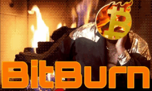 a man sitting in front of a fireplace with the words bitburn written in orange letters