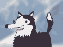 a cartoon drawing of a husky dog with sharp teeth and a red tongue sticking out .