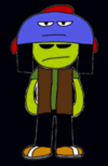 a cartoon character wearing a blue helmet and a vest