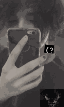 a person taking a picture of themselves with a smiley face and a question mark