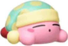 kirby is wearing a yellow and blue hat .