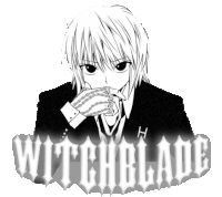 a black and white drawing of a man with a chain around his neck and the word witchblade below him