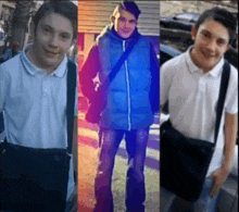 three images of a boy with a messenger bag