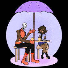 a drawing of a skeleton and a girl sitting under an umbrella