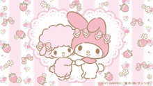 a sheep and a bunny are standing next to each other on a pink background with strawberries and bows