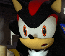 a close up of shadow the hedgehog 's face with orange eyes