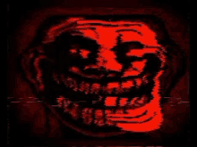 a red troll face with a black background and a glitch effect on it .