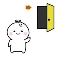 a cartoon character is standing in front of an open door with an arrow pointing to it .