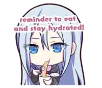 a cartoon of a girl eating noodles with the words reminder to eat and stay hydrated .