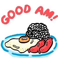 a drawing of a plate of food with the words good am