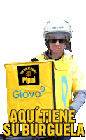 a man wearing a helmet and sunglasses holds a yellow bag that says frankfurt pipol