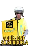 a man wearing a helmet and sunglasses holds a yellow bag that says frankfurt pipol