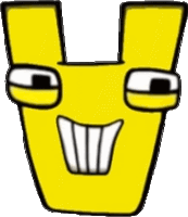 a cartoon drawing of a yellow letter v with a big smile on its face