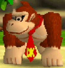 donkey kong wearing a red tie with a yellow dx logo