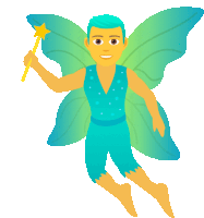 a cartoon illustration of a fairy with blue wings holding a magic wand