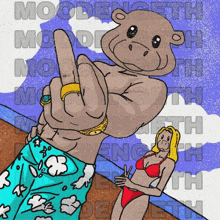 a cartoon of a monkey giving the middle finger to a woman in a bikini