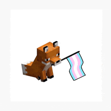 a fox in minecraft is holding a transgender flag