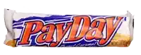 a payday peanut caramel candy bar with a white background