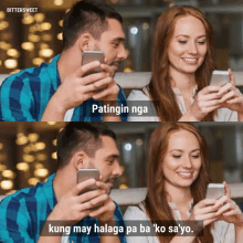 a man and a woman are looking at their cell phones with the caption kung may halaga pa ba ko sa yo