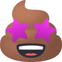 a cartoon illustration of a brown poop with pink stars in its eyes