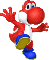 a red and white cartoon character with blue shoes