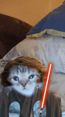 a cat is holding a red lightsaber in its paws