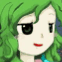 a pixel art drawing of a girl with green hair and black eyes .