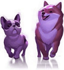 two purple dogs are standing next to each other on a white surface .