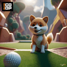 a cartoon dog is sitting next to a golf ball on a green field