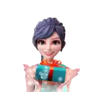 a girl with blue hair is holding a blue gift box with an orange ribbon