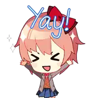 a cartoon drawing of a girl with the word yay on her head