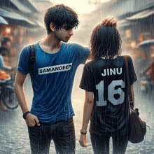 a boy and a girl are standing in the rain with the girl wearing a jinu 16 shirt