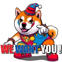 a cartoon dog dressed as a clown with the words we want you below it