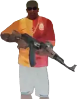 a man in a red and orange shirt is holding a rifle