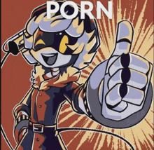 a cartoon character is giving a thumbs up with the word porn written above him