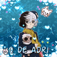 a picture of a girl holding a stuffed animal with the words " q de aori " written below her