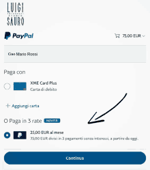 a screen shot of a paypal page with an arrow pointing to the continue button