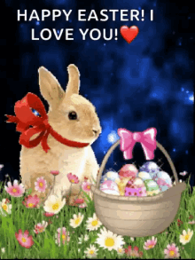 a happy easter greeting card with a rabbit and a basket of easter eggs