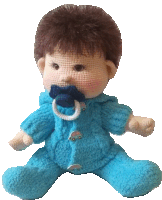 a baby doll with a pacifier in its mouth