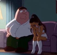 a cartoon of peter griffin and ariana grande sitting on a couch crying .