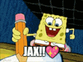 a cartoon of spongebob holding a pencil with the word jax on it