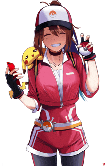 a girl in a red jacket is holding a pikachu and a pokeball