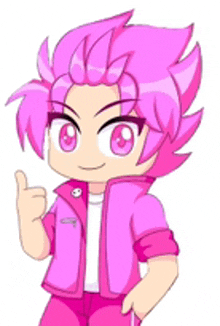 a boy with pink hair is giving a thumbs up .