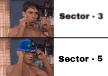 a shirtless man adjusts his glasses next to a picture of a man wearing a hat that says sector 3