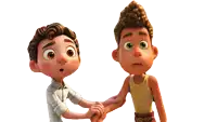 two cartoon boys are standing next to each other and holding hands .