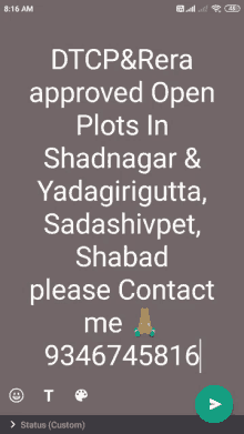 a phone screen that says dtcp & rera approved open plots in shadnagar & sadashivpet