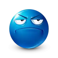 a blue smiley face has an angry look on its face