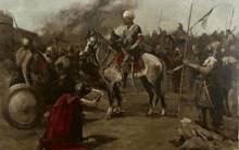 a painting of a man riding a horse surrounded by soldiers in a battle .